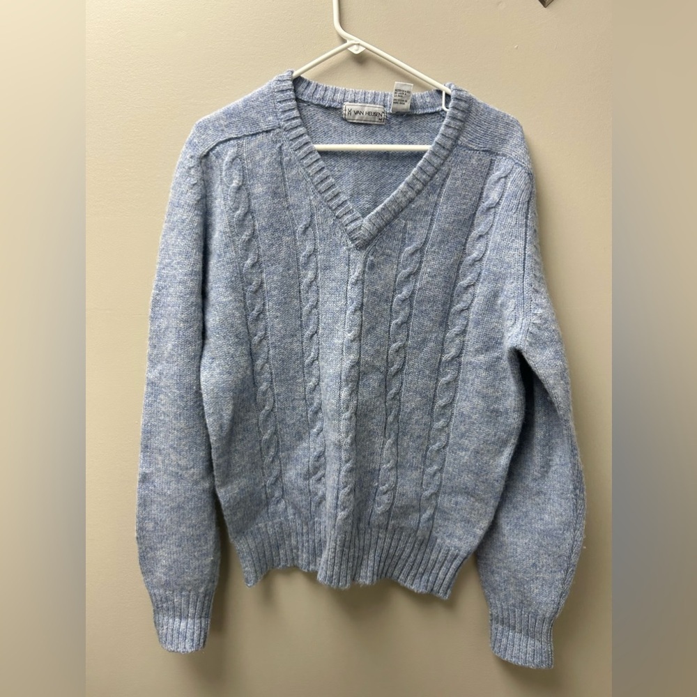 Van Heusen‎ Blue Cable Knit 100% Wool V Neck Sweater